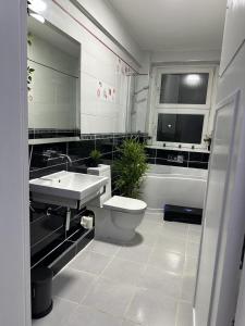 伯明翰Luxury 9ine Lush Jacuzzi Apartment with Balcony的一间带水槽和卫生间的浴室