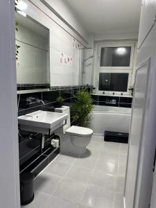 伯明翰Luxury 9ine Lush Jacuzzi Apartment with Balcony的浴室配有卫生间、盥洗盆和浴缸。