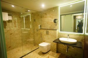 瓜廖尔HOTEL PRAHLAD INN的浴室配有卫生间、盥洗盆和淋浴。