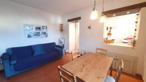 巴尼奥迪罗马涅Lo Struzzo的客厅配有蓝色的沙发和木桌