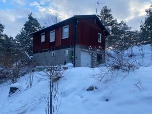 MörtvikenStockholm Archipelago House with shared pool的雪地里的一个红谷仓,有树木