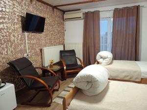 阿拉德约翰娜旅馆的酒店客房带两张床、椅子和电视