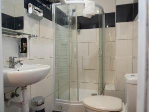 汉堡Hotel Stadion Stadt的带淋浴、卫生间和盥洗盆的浴室