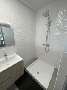 MontjolyLe refuge rafraîchissant的白色的浴室设有水槽和淋浴。