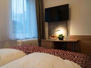 汉堡Hotel Stadion Stadt的配有一张床和一台平面电视的酒店客房