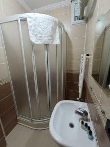 埃迪尔内HERMES OTEL的带淋浴和白色盥洗盆的浴室