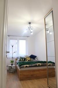 格但斯克sunset apartament的一间卧室配有一张床和镜子