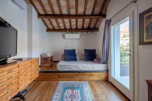 拉文纳La Casetta nel Cerchio的一间卧室配有一张带蓝色枕头的床和一台电视。