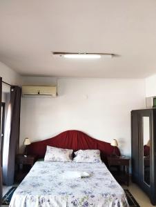 LuqueMangoty Apartamento的一间卧室配有一张大床和红色床头板