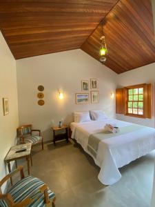 皮雷诺波利斯Pousada Mãe Natureza的一间卧室设有一张大床和木制天花板