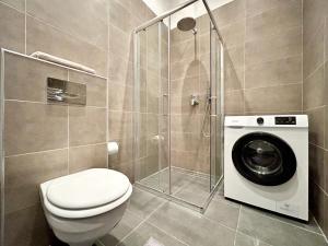 布达佩斯Gellert Danube Panorama Apartment的一间带卫生间和洗衣机的浴室