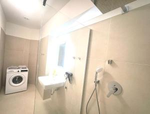 维也纳Sievering18 A-B的一间带洗衣机和水槽的浴室