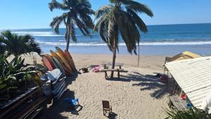 TemalhuacánChuchosmom room 3的棕榈树海滩,野餐桌和冲浪板