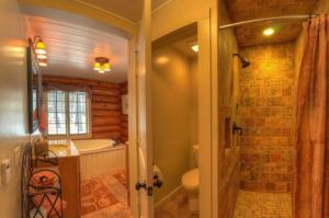 拉皮德城Historic Log Cabin #14 at Horse Creek Resort的带浴缸、卫生间和淋浴的浴室。