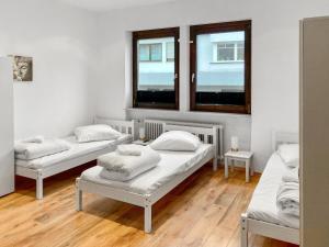 萨尔布吕肯CityChalet Monteur Apartments的带三张床和两扇窗户的房间