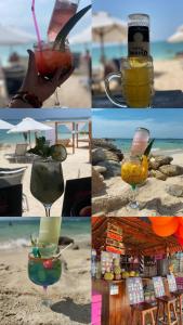 巴尔Tours Mandala Beach的海滩上四张饮料照片的拼合