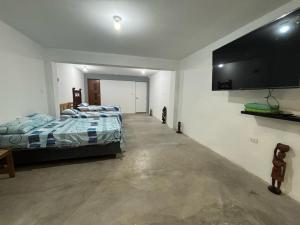 蓬塔赫尔莫萨La casita del naufrago的一间卧室配有两张床和一台平面电视