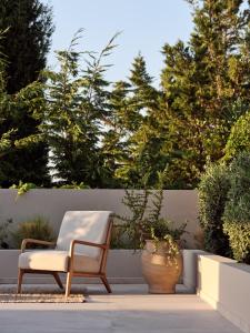 阿凯松阿南塔蓝色公寓的坐在种植了盆栽植物的庭院里的椅子