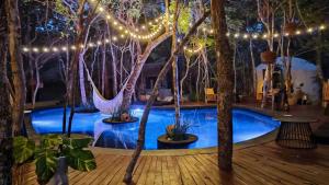 图卢姆The Yellow Nest Tulum的一个带树木和灯光的游泳池的房间