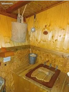 ÉcrainvilleLa cabane perchée du trappeur的木制客房内的带水槽的浴室