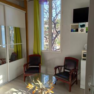 马赛Petit studio parmi les pins et les cypres的客厅配有两把椅子和一张玻璃桌