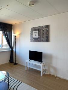 恩舍尔兹维克Rentalux Apartments in Örnsköldsvik的一间客厅,在白色的墙上配有电视