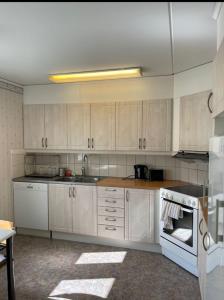 恩舍尔兹维克Rentalux Apartments in Örnsköldsvik的厨房配有白色橱柜和炉灶烤箱。