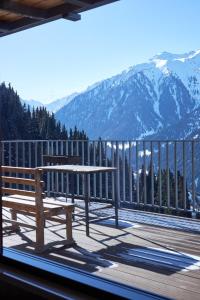 卡拉科尔Karakol Resort的山景甲板上的长凳