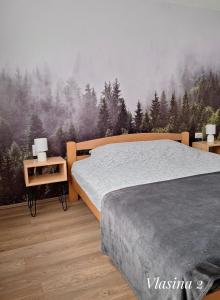 索科矿泉村Apartmani Vlasina Sokobanja的卧室拥有松树林壁画