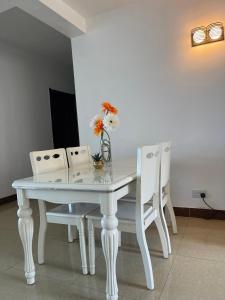 达累斯萨拉姆Arrabella Ocean View Home的白色的餐桌,两把椅子,花瓶