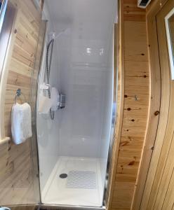 斯托诺韦The Sandy Pod的浴室里设有玻璃门淋浴
