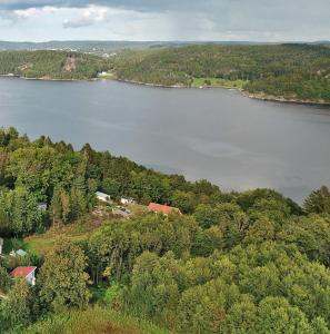 StillingsönÅsarna Hills Holiday Home Stillingsön的享有湖泊的空中景致,拥有房屋和树木