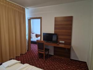 豪恩斯泰因Landhotel Neding的酒店客房配有一张书桌、一台电视和一张床
