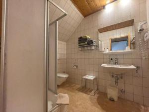滨湖费尔德图尔奈霍夫宾馆的带淋浴、盥洗盆和卫生间的浴室