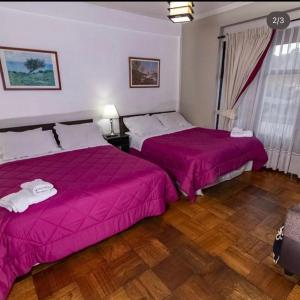 塔尔卡Oriente Hostal的紫色床单的客房内的两张床