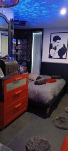 安德诺莱斯贝恩LOVE ROOM Cabane des charmes的一间卧室配有一张床和一个带行李箱的梳妆台
