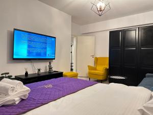 布拉索夫Coresi Mall Area Studios & Apartments by GLAM的卧室配有一张床,墙上配有电视。