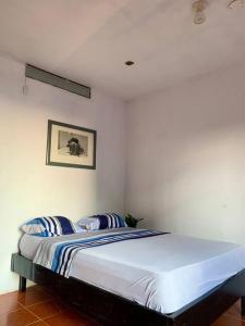 蒙塔尼塔Suite céntrico vista al Mar的一间卧室配有一张带蓝色和白色枕头的床