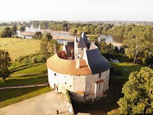 Saincaize-MeauceChambre Isabeau de Sully au château de Meauce的享有城堡和河流的空中景致