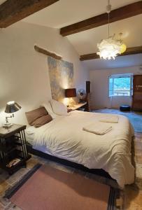 赛尼翁Spacious stylish Provencal house with terrace的一间卧室配有一张大床和一个吊灯。
