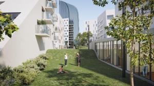 列日Splendide appartement au centre de Liège - Complexe PARADIS EXPRESS的站在一座建筑前面的草地上的两个人的 ⁇ 染