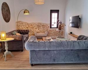 Cañada del TrigoCasa de las Flores的客厅配有蓝色的沙发和桌子