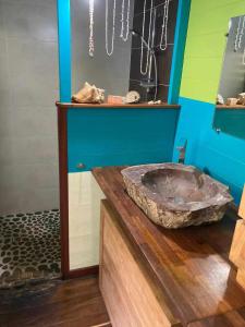 PaïtaLa pirogue enchantée的浴室设有木制柜台上的大石水槽