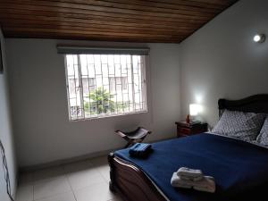 波哥大Hostal Norma101的一间卧室配有一张带蓝色床单的床和一扇窗户。