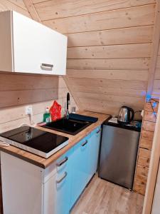 恰萨纳格拉Góralska Chata的厨房配有蓝色橱柜、水槽和炉灶。