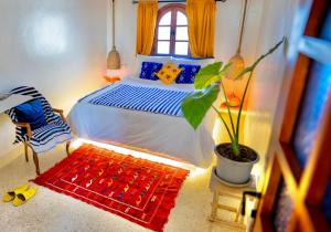 丹吉尔Dar Zohra-At the door of Africa.的一间卧室配有一张床和盆栽植物
