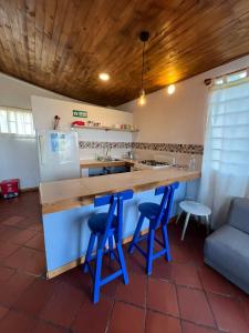 瓜塔维塔La Estación de Tomine的厨房配有带2张蓝色吧台凳的吧台