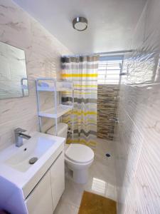 圣斐利-银港Villa Bellevue的浴室配有卫生间、盥洗盆和淋浴。