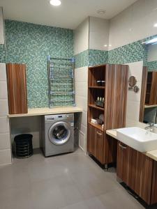 长春南湖宾馆清月别墅度假公寓的一间带洗衣机和水槽的浴室