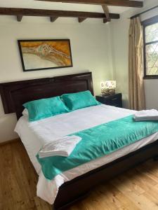 里奥班巴Steingarten, Casa de Campo hermosa y amoblada.的一间卧室配有一张带绿色枕头的大床